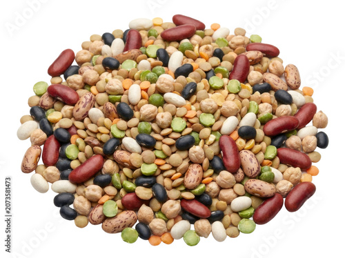 Black Eyed Peas, Beans and Lentils Mix with Carrots Isolated on White Background, Healthy Vegetarian Legume Food Ingredient Collection