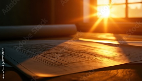 Architectural blueprint plans laid on a wooden table illuminated by golden hour sunlight streaming through a window