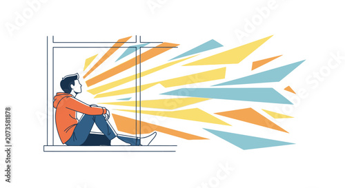 Foto A man sits alone on a windowsill looking out at abstract colorful shapes flying away