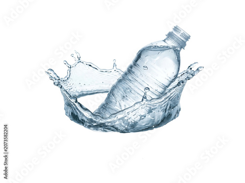 A clear plastic water bottle emerges from a splash of water, captured in a cool blue-toned dynamic motion.