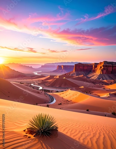 Desert landscape with sand dunes river.