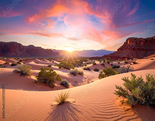 Desert landscape with sand dunes sunset.