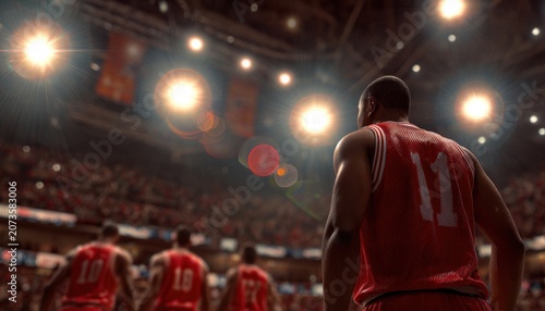 Basketball players in red jerseys walking onto the court under bright stadium lights