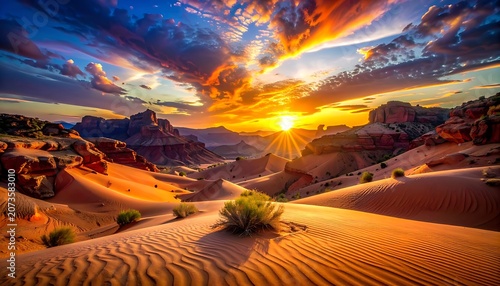 Desert landscape with vibrant sunset colors.