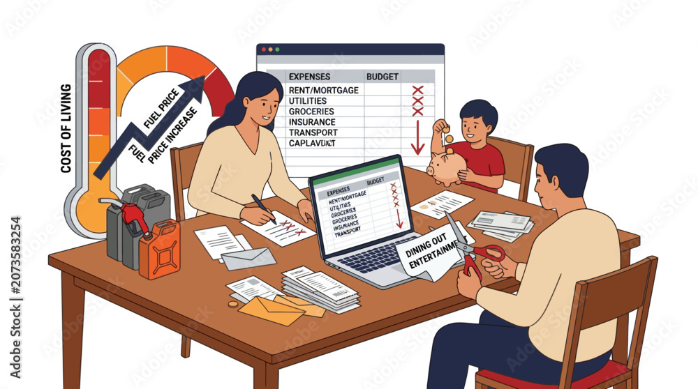 Fototapeta premium Family Managing Household Budget and Cutting Costs During Rising Cost of Living Crisis and Inflation EPS Editable. Vector Illustrations.
