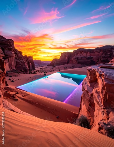 Desert oasis infinity pool at sunset.