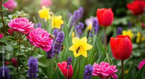 Vibrant Spring Garden with Blooming Tulips, Roses, and Hyacinths.