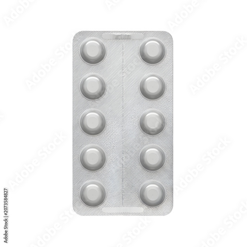 Silver blister pack with ten white pills isolated on white background