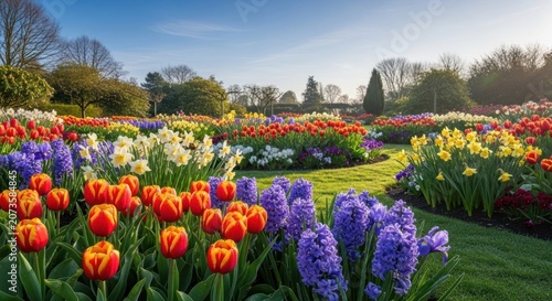 Vibrant Spring Garden with Colorful Tulips and Hyacinths in Bloom.