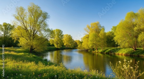 Vibrant Spring Landscape with Calm River and Lush Green Trees Under a Clear Blue Sky.