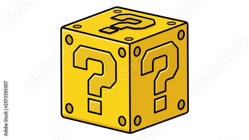 Retro video game golden question mark block, iconic mystery box symbolizing surprise and reward in classic arcade adventures