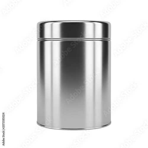 Metallic cylindrical tin canister with a lid on white background