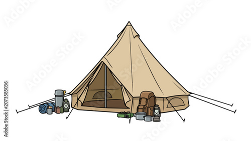 Fotografie Illustration of a beige bell tent set up for camping, complete with sleeping bag