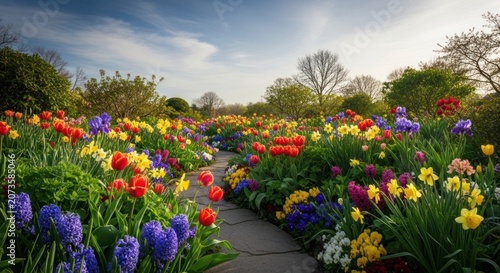 Vibrant Spring Garden Path Lined with Colorful Blooming Tulips and Muscari Flowers.
