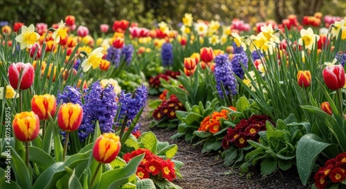 Vibrant Spring Garden Pathway Bursting with Colorful Tulips Daffodils and Hyacinths.