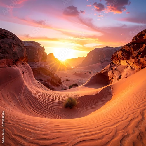 Desert sand dunes at sunset landscape.