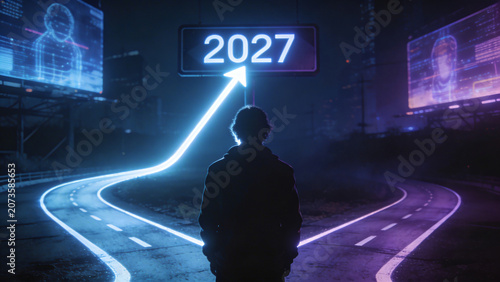 Futuristic Highway with Glowing Neon 2027 Number and Cyberpunk Night Sky Background