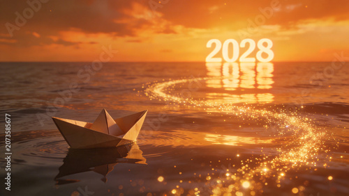 A paper boat floating on calm water during a golden sunset, a glowing neon number 2028 standing on the horizon line of the water. Happy New Year, New Year