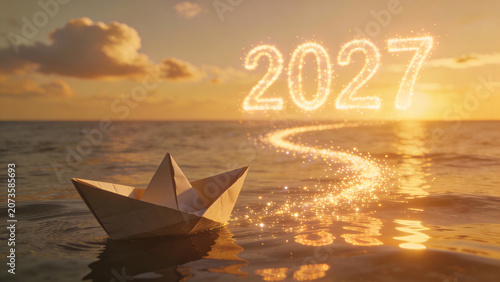 A paper boat floating on calm water during a golden sunset, a glowing neon number 2027 standing on the horizon line of the water. Happy New Year, New Year