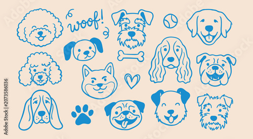 Foto Cute dog faces breeds doodles set with bone paw print and woof text outline vect