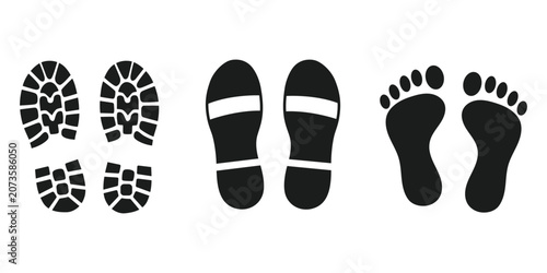 Footprints shoe tracks and sandal prints silhouettes set for step tracking design vector
