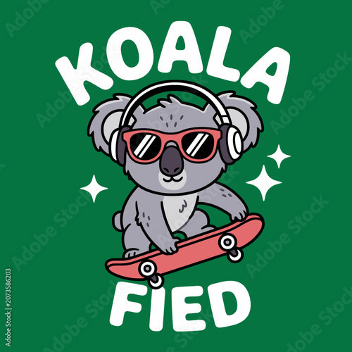 Photography Koala wearing headphones and sunglasses skateboarding.