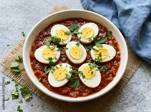 Delicious bowl of egg curry garnished with fresh cilantro on a rustic mat with a blue cloth