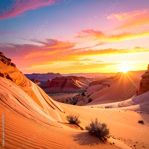 Desert sand dunes at sunset landscape.