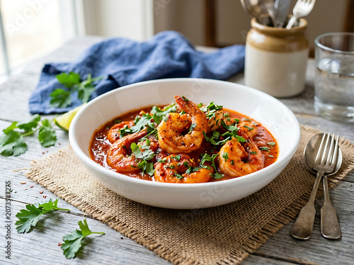 A bowl of delicious shrimp in a flavorful tomato sauce garnished with fresh herbs on a rustic wooden table with utensils