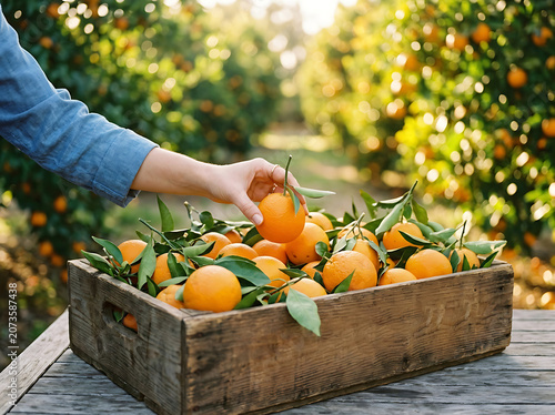 A persons hand reaching into a wooden crate filled with vibrant oranges on a rustic table in an orchard with lush green trees