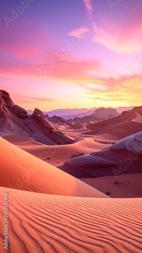 Desert sand dunes at sunset landscape.