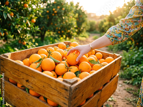 Woman picking oranges from a wooden crate in an orchard with lush green trees and ripe fruit