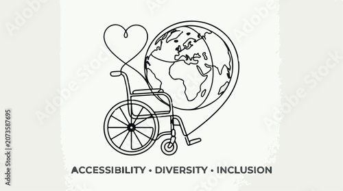 Diversity, accessibility, and inclusion concept, wheelchair symbol with heart and globe, social issues vector icon