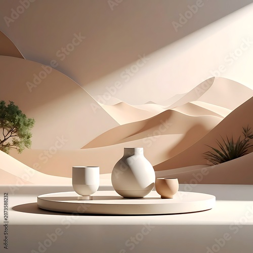 Desert still life with ceramic objects.
