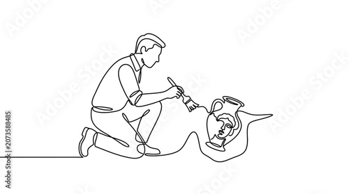 Tableau sur toile Continuous line drawing of an archaeologist restoring an ancient vase with a brush on a white background