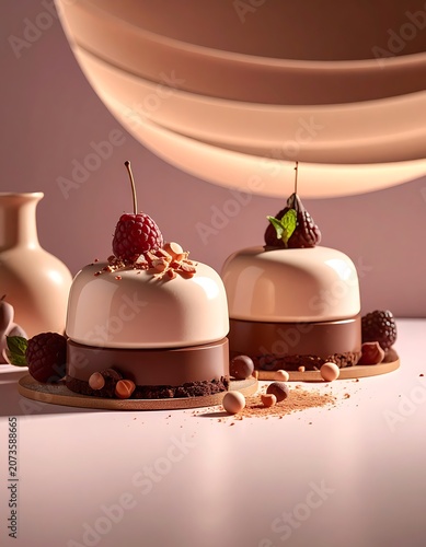 Dessert mousse cakes with berries and nuts.