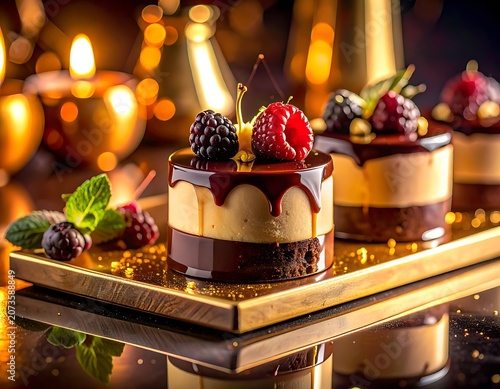 Dessert with chocolate and berries on gold tray.