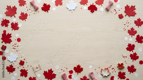 Canada Day Celebration Background with Maple Leaves and Confetti