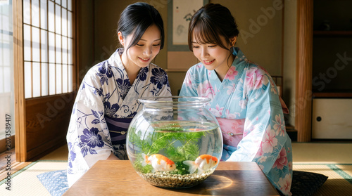 和室のテーブルに置かれた金魚鉢を笑顔で見つめる浴衣を着た女性たち