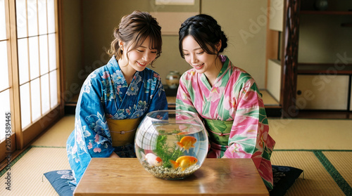 和室のテーブルに置かれた金魚鉢を笑顔で見つめる浴衣を着た女性たち