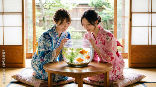 和室のテーブルに置かれた金魚鉢を笑顔で見つめる浴衣を着た女性たち