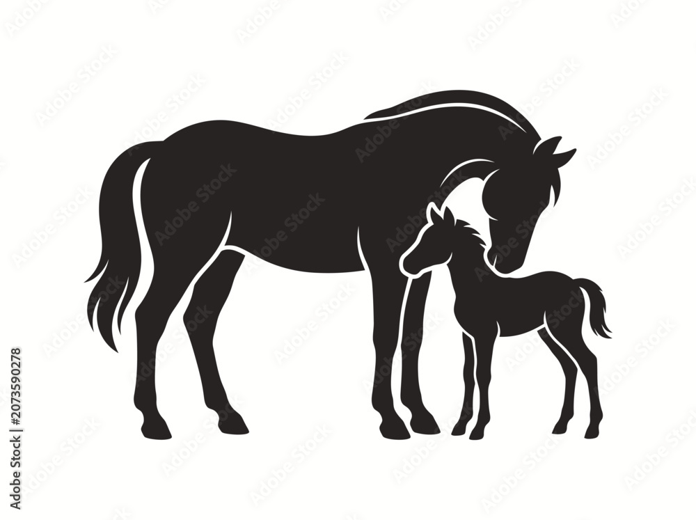 Obraz premium Black horse and foal silhouette illustration isolated on white background representing motherly love and equine nature