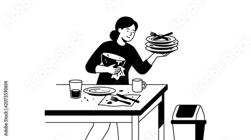 Fotografie Woman Cleaning Dishes Vector Illustration
