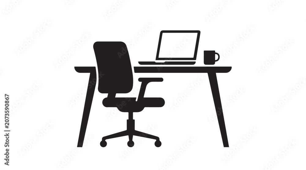 Fototapeta premium Minimalist Workspace Silhouette with Office Desk Chair Laptop and Coffee Mug on White Background