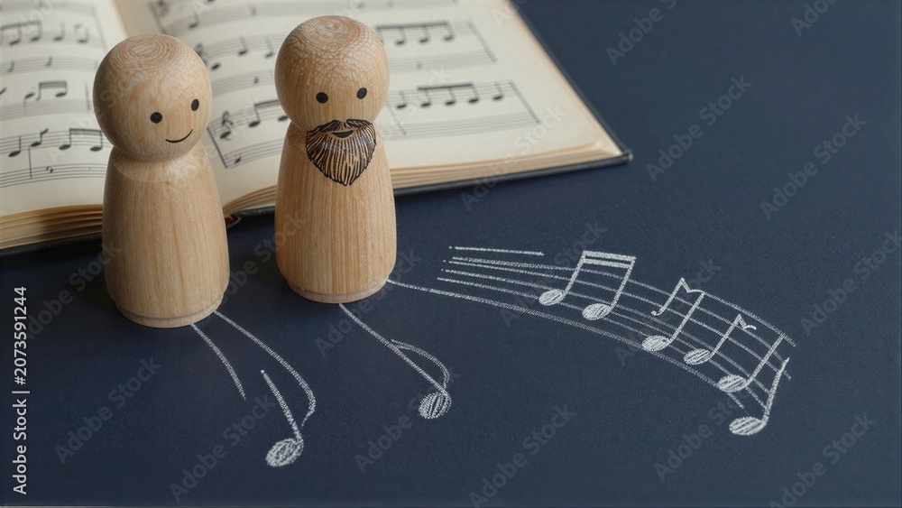 Naklejka premium Wooden figures beside musical notes and sheet music, evoking harmony and creativity.