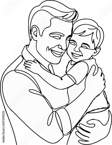 Vector illustration of happy father hugging little boy, family love, parent child affection, black and white line art