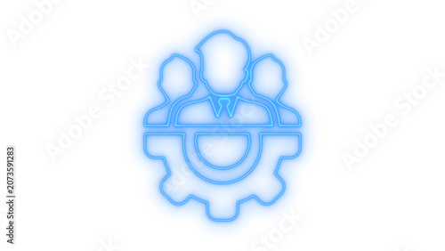 Colorful neon business team and management group icon with three people and a mechanical gear wheel symbolizing corporate leadership isolated on transparent background