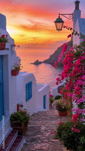 Beautiful sunset over a scenic coastal village alley with traditional white houses and blooming flowers