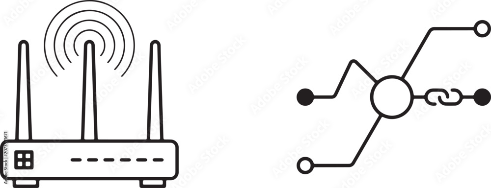 Fototapeta premium Art & Illustration, Wireless network router with antennas and digital data node connection line icon set. Internet wifi signal hardware device telecommunication.