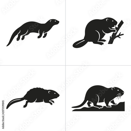 Fényképezés Beaver silhouettes in different poses.